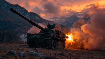 Satellite-guided artillery striking distant targets, precision warfareの素材