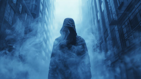 Stealthy hacker shadow in the cyber fogの素材