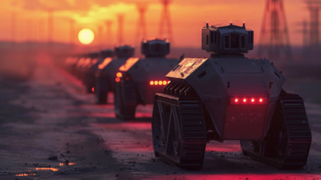 Autonomous combat robots patrolling a conflict zone, dusk settingの素材