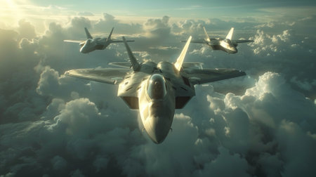 Next-gen fighter jets in a high-speed dogfight, cloud backdropの素材