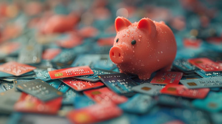 Piggy bank island in a sea of credit cardsの素材