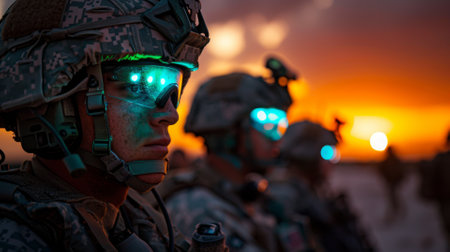 Soldiers with heads-up display (HUD) helmets coordinating a night raidの素材