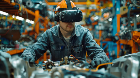A mechanic using virtual reality for training on complex car repairsの素材