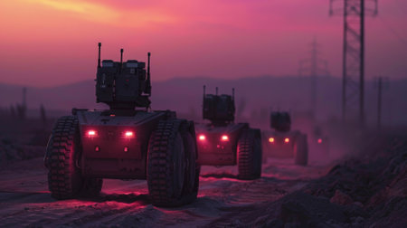 Autonomous combat robots patrolling a conflict zone, dusk settingの素材
