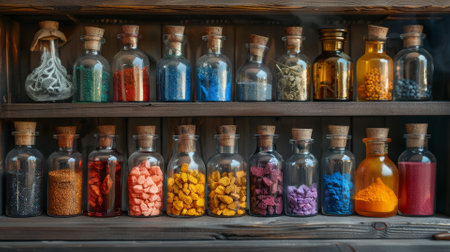 Fantasy elixirs and potions on an alchemist's shelfの素材