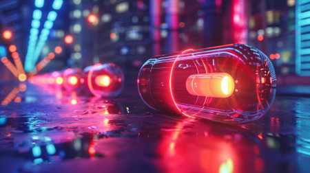 Futuristic health capsules glowing in neon lightsの素材