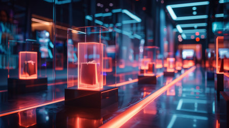 Virtual shopping spree with glowing product showcasesの素材