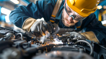 A mechanic welding a part back onto a car frameの素材