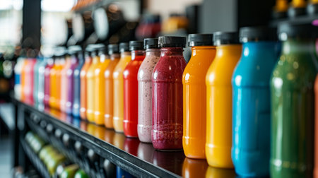 A collection of sports drinks and protein shakes lined up on a gym counterの素材