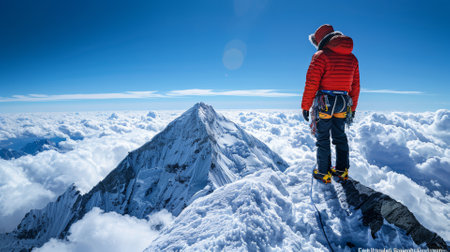 A lone climber standing at the edge of a summit, contemplating the journeyの素材