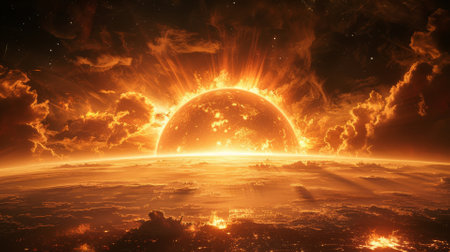 Solar flare above an overheating planet, high temperature warningの素材