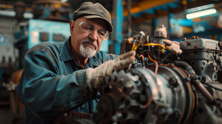 A mechanic using an engine hoist to remove a damaged motorの素材