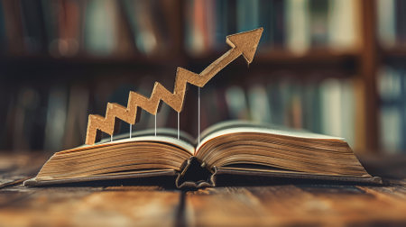 An investment portfolio book where pages turn into rising 3D arrowsの素材