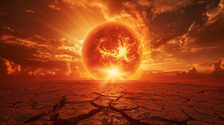 Sun's fiery orb over parched earth, emblem of global warmingの素材