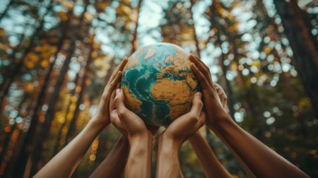 Diverse hands holding up a globe together, illustrating teamwork in global conservation effortsの素材