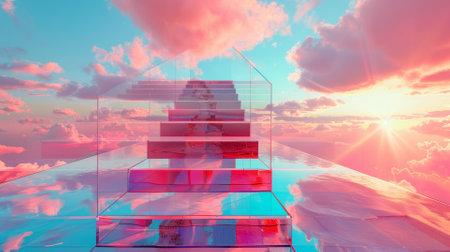 Glass staircase to the heavens, surrounded by a rainbow-colored skyの素材