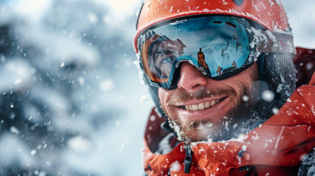 The reflection of a victorious climber in the goggles of their partnerの素材