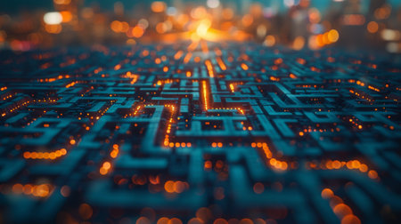 Strategic crossroads in a complex business labyrinth, decision-making momentの素材