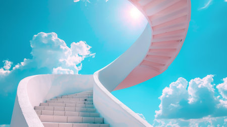 Spiral staircase winding into a serene, blue sky with fluffy cloudsの素材