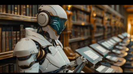 Robot in the library. 3D rendering. Virtual reality.の素材
