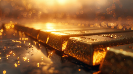 Gold bars on a reflective surface with the glow of prosperityの素材
