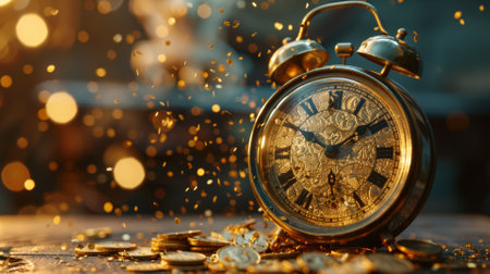 Antique alarm clock with gold coins raining downの素材