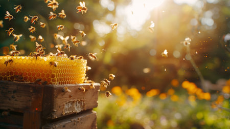 Bees buzzing around a sunlit, sweet honeycombの素材
