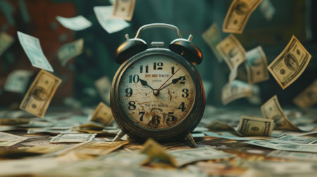 Retro alarm clock with a backdrop of falling currency notesの素材