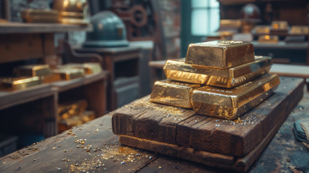 Gold bars on an antique wooden table with a vintage bank in the backgroundの素材