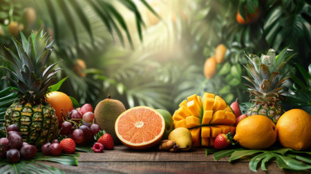 Exotic fruits display with a lush jungle backgroundの素材