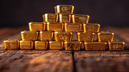 Gold bullion bars arranged as a graph showing financial growthの素材