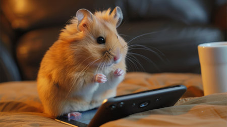 A small hamster on its hind legs, frozen in a moment of shock as it watches a hamster wheel spinning endlessly on a tabletの素材