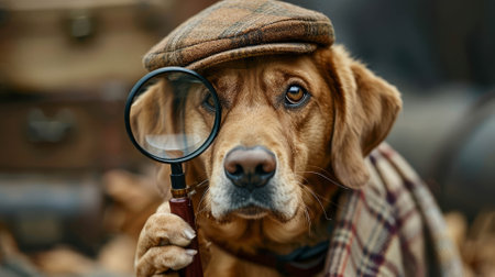 Dog detective in costume scrutinizing clues with glassの素材