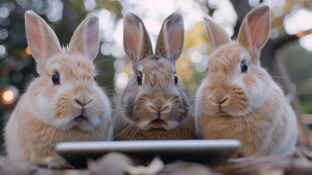 A trio of bunnies with their noses twitching and eyes wide, captivated by a magic trick revealed on a tabletの素材