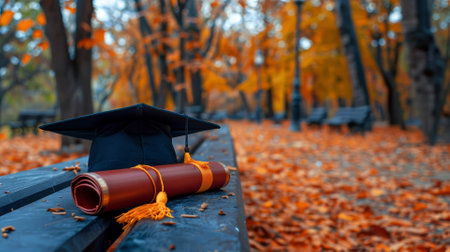 Graduation cap and degree on a bench in an autumn parkの素材