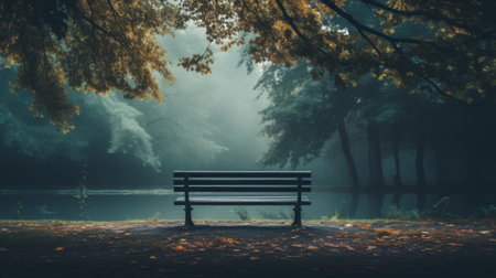 A lone bench in a park, serene setting with space for copyの素材