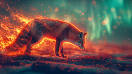Mystical fox levitating with aurora borealis backdropの素材