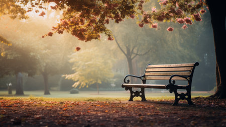 A lone bench in a park, serene setting with space for copyの素材