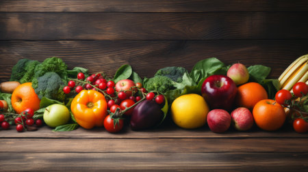 Fresh fruits and vegetables on wood, side space for copyの素材