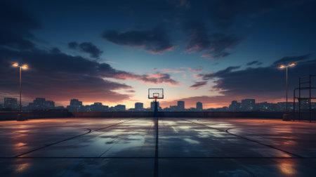 Empty urban basketball court at dawn, space in sky or groundの素材