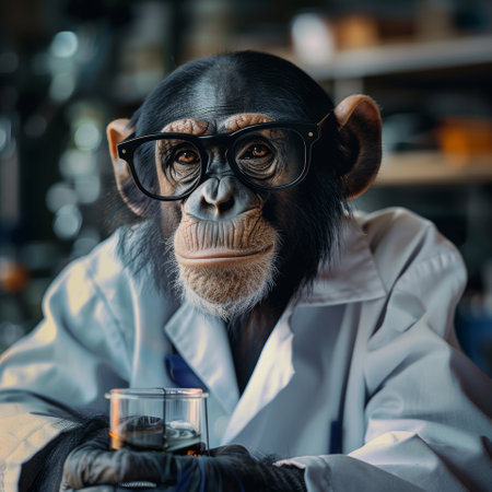 Monkey in a lab coat, science experimenの素材