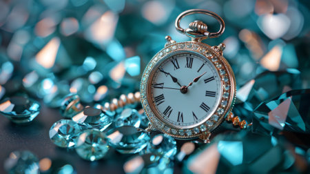 Artistic representation of time's value with an elegant alarm clock and jewelsの素材