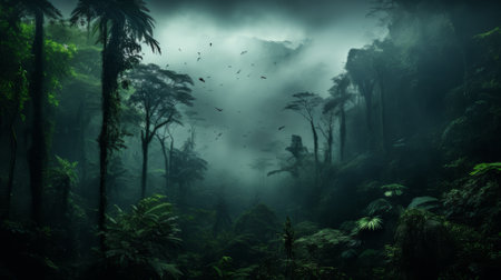 Moody rainforest mist, ethereal nature with text areaの素材