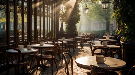 Empty cafÃ© terrace, early morning with tables for copyの素材
