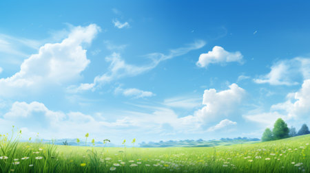 Fresh spring meadow, greenery with sky copy spaceの素材