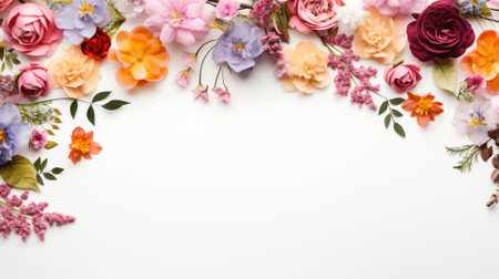 Floral border on white background, flowers with central spaceの素材
