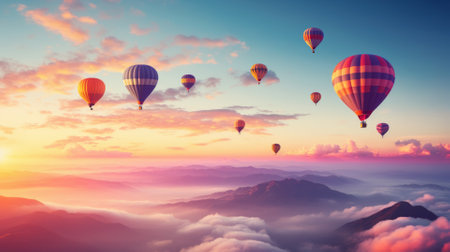 Hot air balloons at sunrise, distant horizon with text spaceの素材