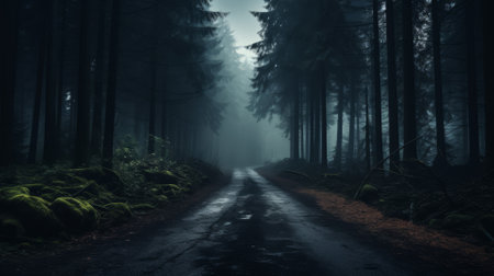 Misty road leading through forest, mysterious with top text areaの素材