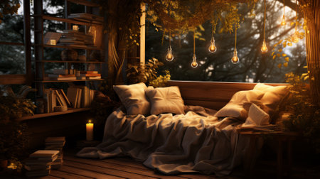 Reading in a cozy nook, inviting atmosphere with overlay spaceの素材