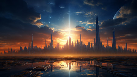 Sunrise over a futuristic city skyline with copy spaceの素材